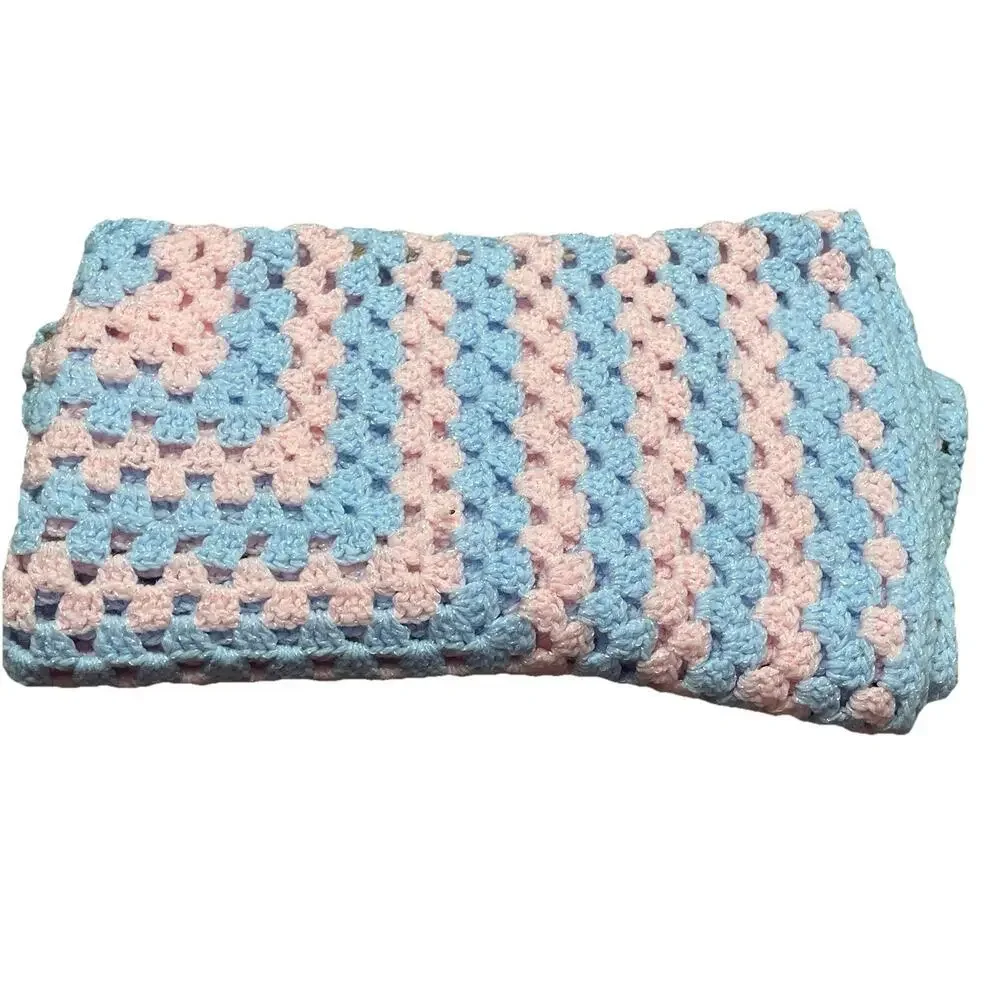 Handmade Pink & Blue Crochet Granny Square Baby Afghan Blanket 29x29